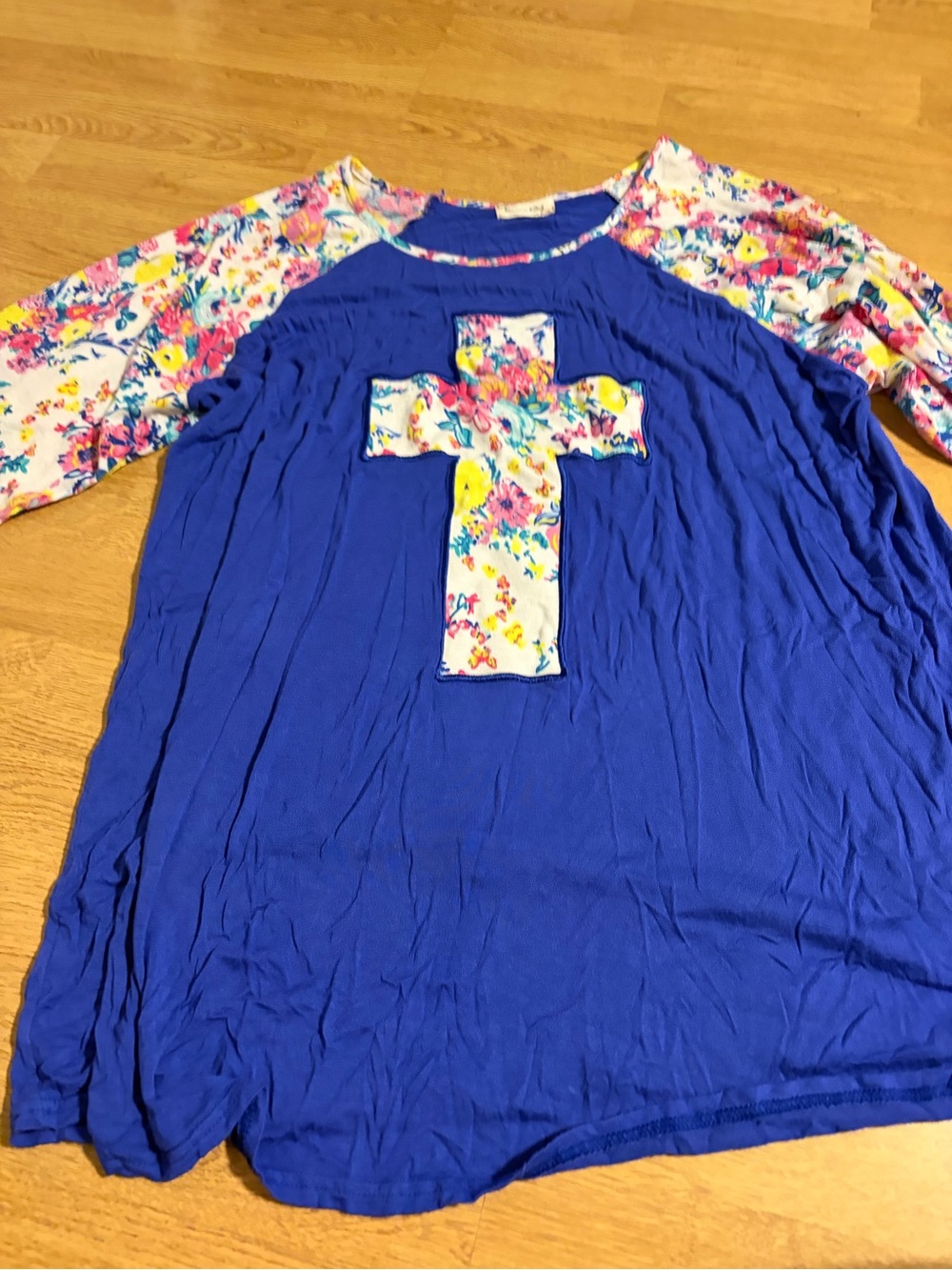 Royal Blue Floral Cross Raglan Long Sleeve Tee- XL
